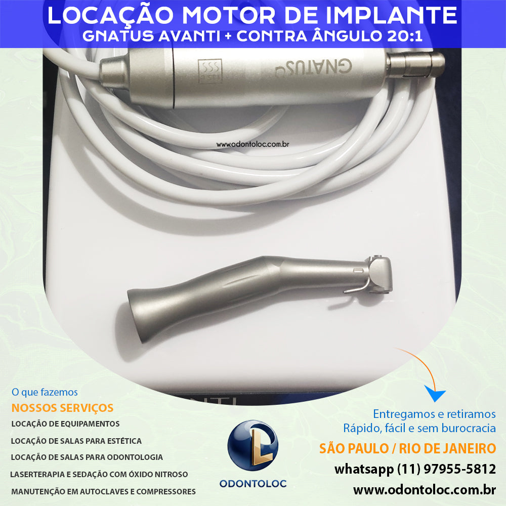 ALUGUE MOTOR DE IMPLANTE COM CONTRA ÂNGULO 20:1 - Diária R$ 550,00 / Semana R$ 1.650,00 / Mensal R$ 4.950,00 em até 12x no cartão (3x sem juros)