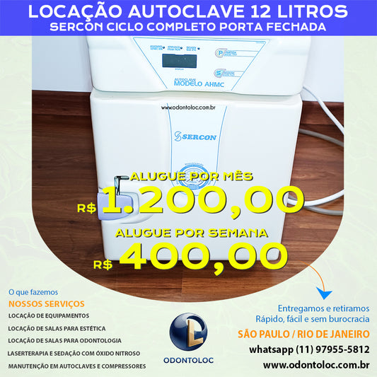 ALUGUE AUTOCLAVE 12L - Semana R$ 400,00 / Quinzena R$ 700,00 / Mensal R$ 1.200,00 em até 12x no cartão (3x sem juros)