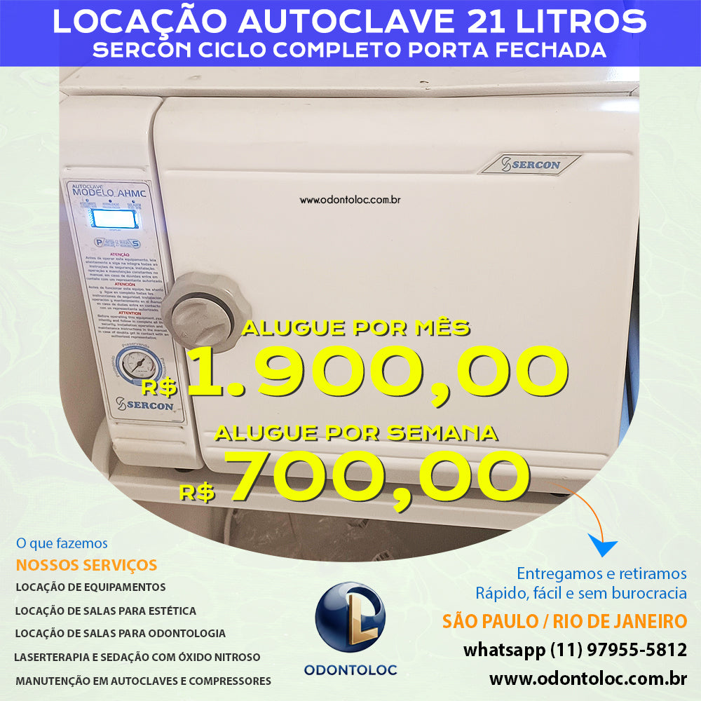 ALUGUE AUTOCLAVE 21L - Semana R$ 700,00 / Quinzena R$ 1.250,00 / Mensal R$ 1.900,00 em até 12x no cartão (3x sem juros)