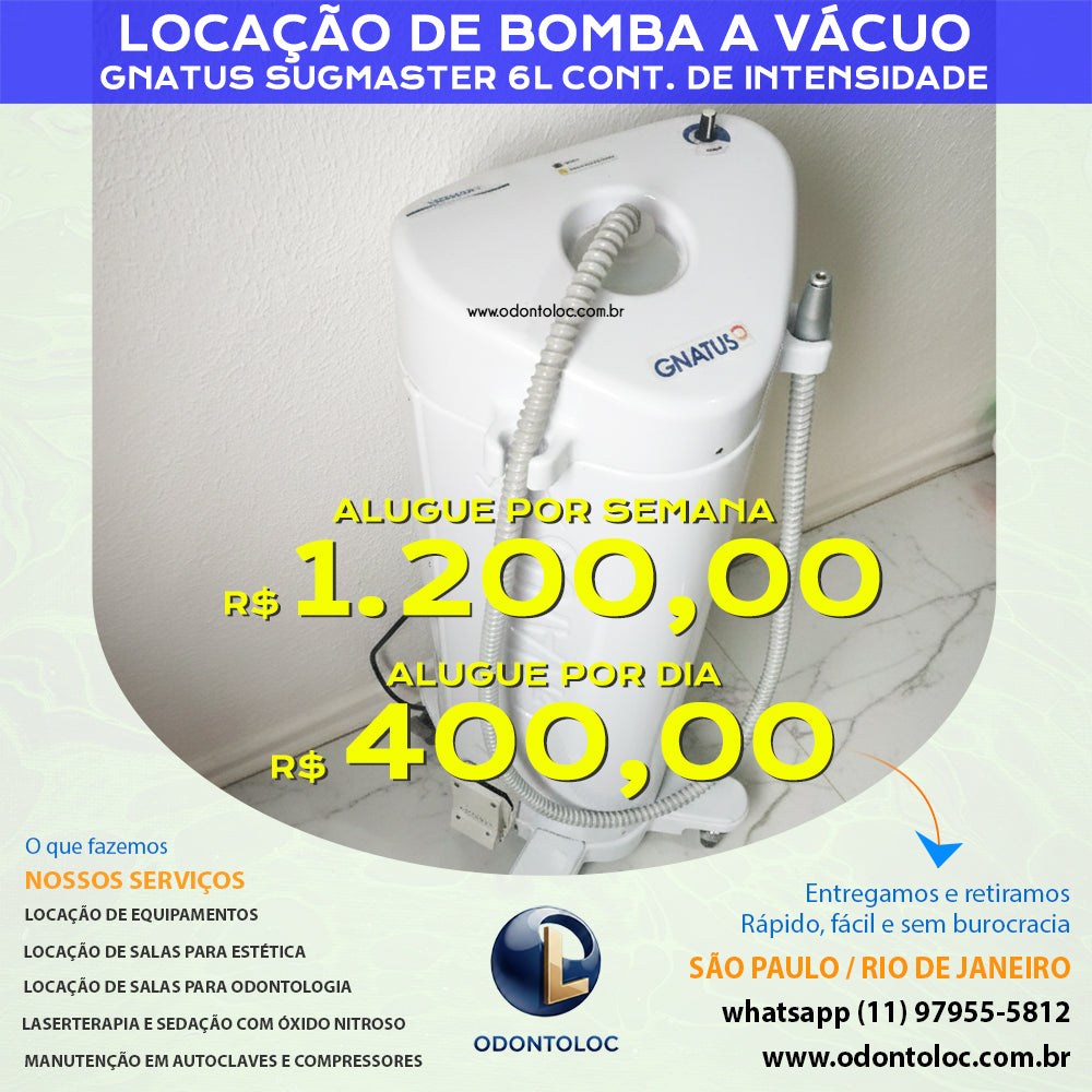ALUGUE BOMBA A VACUO 6L GNATUS - Diária R$ 400,00 / Semana R$ 1.200,00 / Mensal R$ 3.600,00 em até 12x no cartão (3x sem juros)