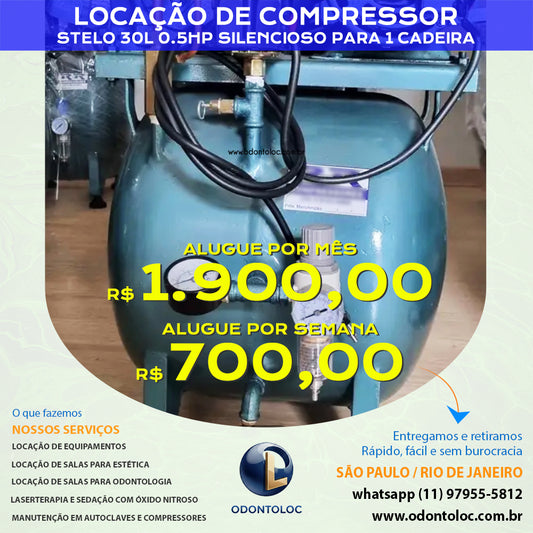 ALUGUE COMPRESSOR STELO 30L 0.5HP - Semana R$ 700,00 / Quinzena R$ 1.200,00 / Mensal R$ 1.900,00 em até 12x no cartão (3x sem juros)