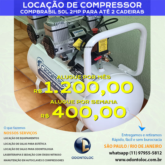 ALUGUE COMPRESSOR 50L 2HP - Semana R$ 400,00 / Quinzena R$ 700,00 / Mensal R$ 1.200,00 em até 12x no cartão (3x sem juros)