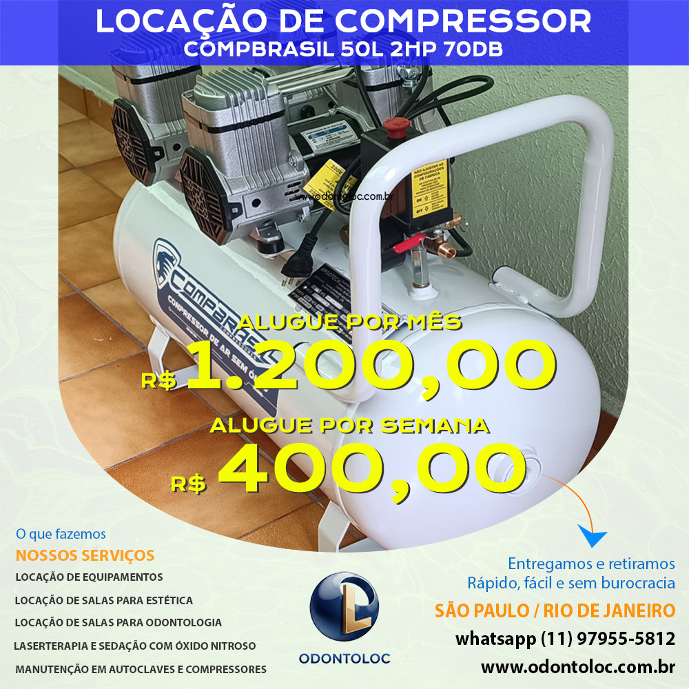ALUGUE COMPRESSOR 50L 2HP - Semana R$ 400,00 / Quinzena R$ 700,00 / Mensal R$ 1.200,00 em até 12x no cartão (3x sem juros)