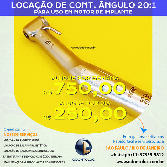 ALUGUE CONTRA ÂNGULO 20:1 TOQ / NSK - Diária R$ 250,00 / Semana R$ 750,00 / Mensal R$ 2.250,00 em até 12x no cartão (3x sem juros)