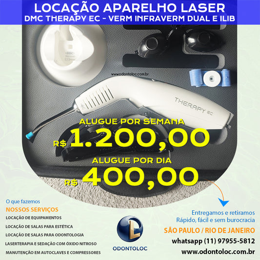 ALUGUE LASER DMC THERAPY EC - Diária R$ 400,00 / Semana R$ 1.200,00 / Mensal R$ 3.600,00 em até 12x no cartão (3x sem juros)