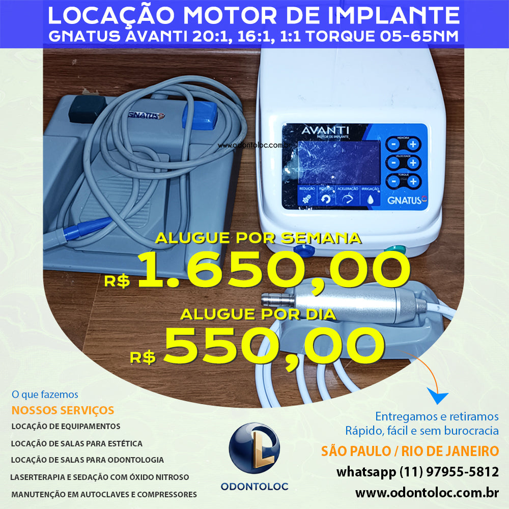 ALUGUE MOTOR DE IMPLANTE COM CONTRA ÂNGULO 20:1 - DIÁRIA R$ 550,00 ou SEMANA R$ 1.650,00 em até 12x no cartão (3x sem juros) (Cópia)