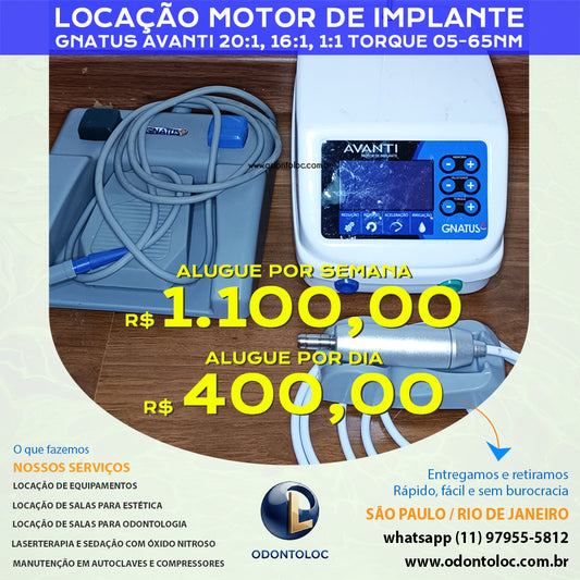 ALUGUE MOTOR DE IMPLANTE - DIÁRIA R$ 400,00 ou SEMANA R$ 1.200,00 em até 12x no cartão (3x sem juros)
