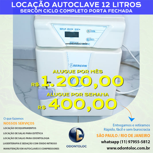 ALUGUE AUTOCLAVE 12L - Semana R$ 400,00 / Quinzena R$ 700,00 / Mensal R$ 1.200,00 em até 12x no cartão (3x sem juros)
