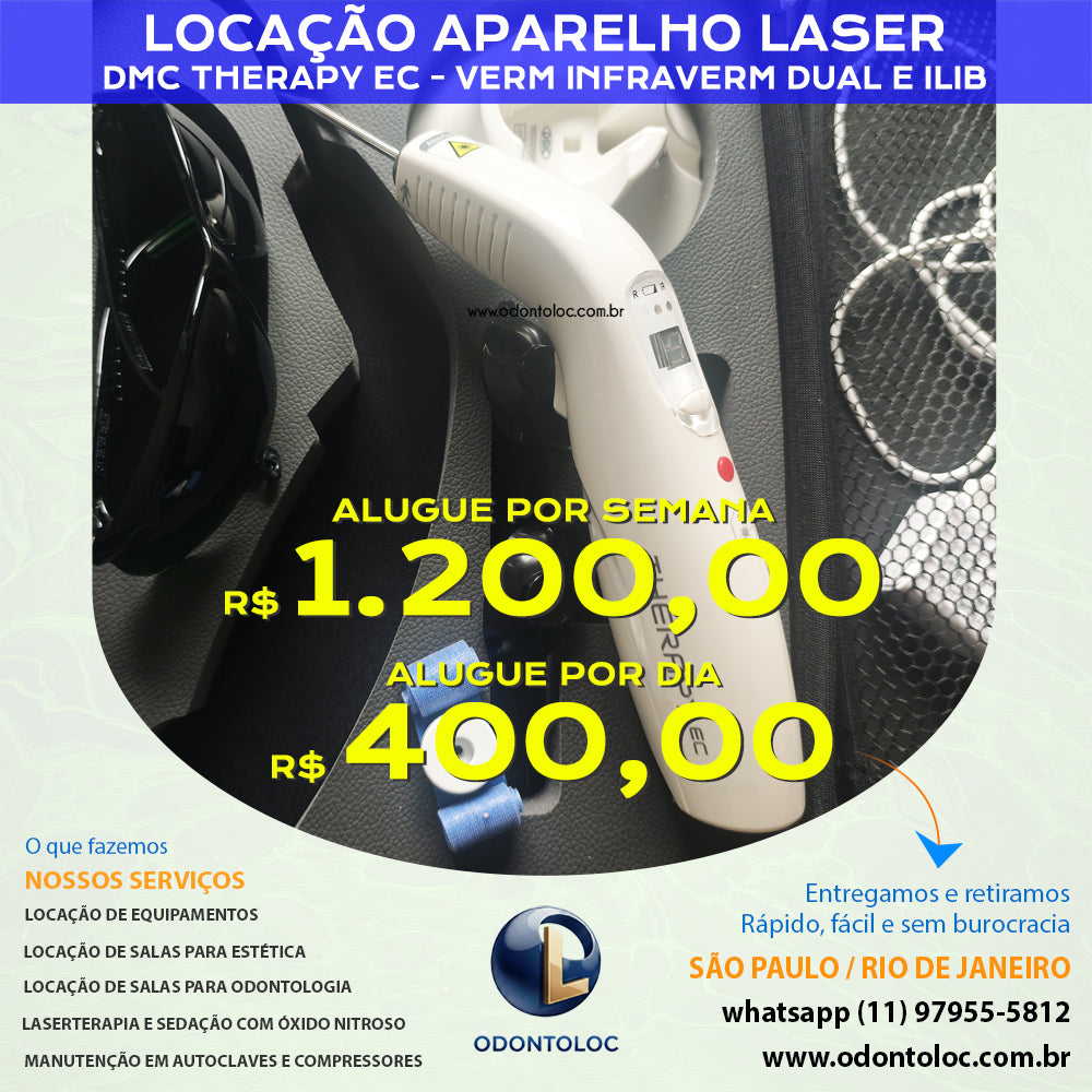ALUGUE LASER DMC THERAPY EC - Diária R$ 400,00 / Semana R$ 1.200,00 / Mensal R$ 3.600,00 em até 12x no cartão (3x sem juros)