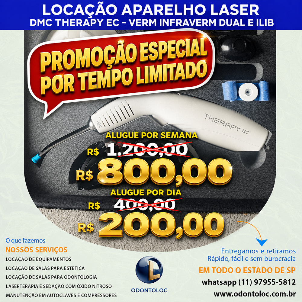 ALUGUE LASER DMC THERAPY EC - Diária R$ 400,00 / Semana R$ 1.200,00 / Mensal R$ 3.600,00 em até 12x no cartão (3x sem juros)
