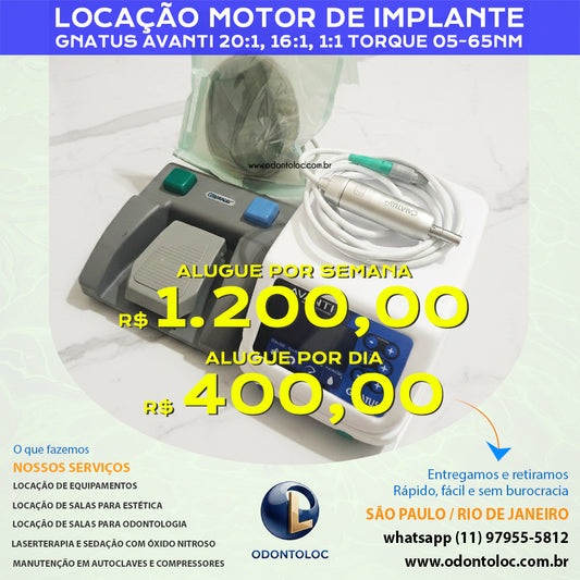 ALUGUE MOTOR DE IMPLANTE COM KIT IRRIGAÇÃO ESTERIL - Diária R$ 400,00 / Semana R$ 1.200,00 / Mensal R$ 3.600,00 em até 12x no cartão (3x sem juros)