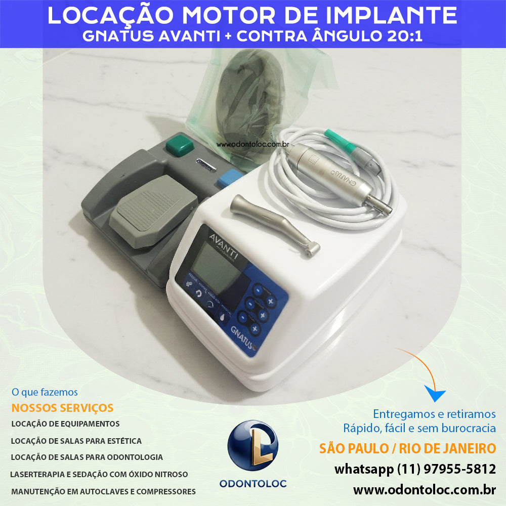 ALUGUE MOTOR DE IMPLANTE COM CONTRA ÂNGULO 20:1 - Diária R$ 550,00 / Semana R$ 1.650,00 / Mensal R$ 4.950,00 em até 12x no cartão (3x sem juros)