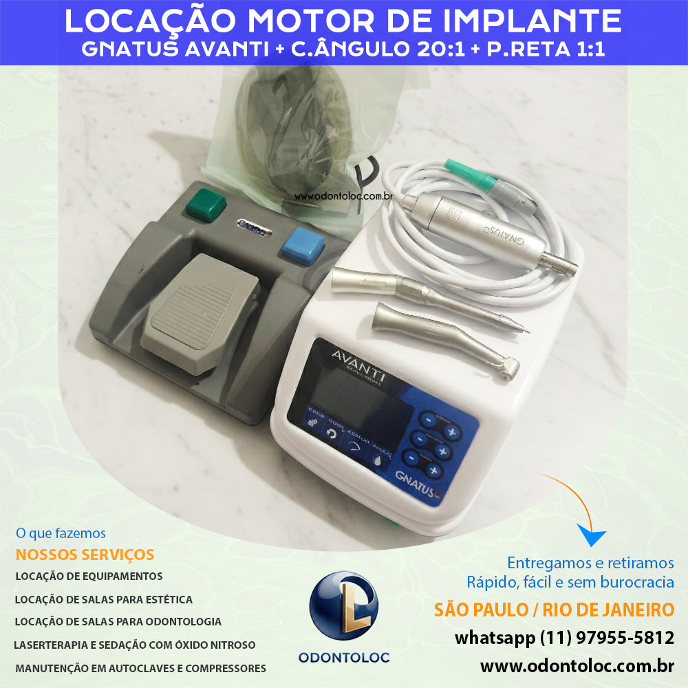 ALUGUE MOTOR DE IMPLANTE COM C.ÂNGULO 20:1 + P.RETA 1:1 - Diária R$ 700,00 / Semana R$ 6.300,00 / Mensal R$ 4.950,00 em até 12x no cartão (3x sem juros)