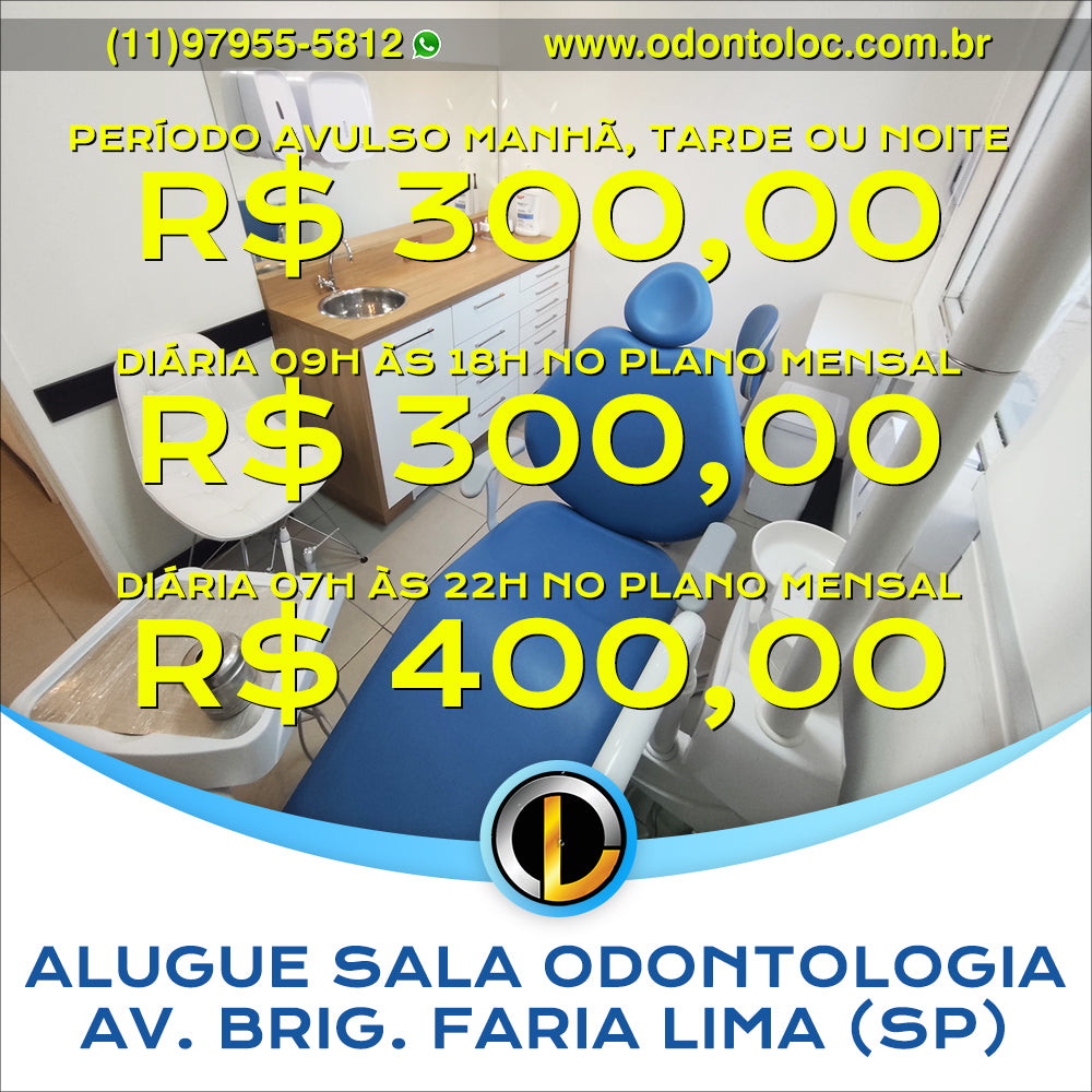 ALUGUE SALA DE ODONTOLOGIA NA AV. BRIG. FARIA LIMA [SP] - Diária R$ 400,00 / Semana R$ 1.200,00 / Mensal R$ 3.600,00 em até 12x no cartão (3x sem juros)
