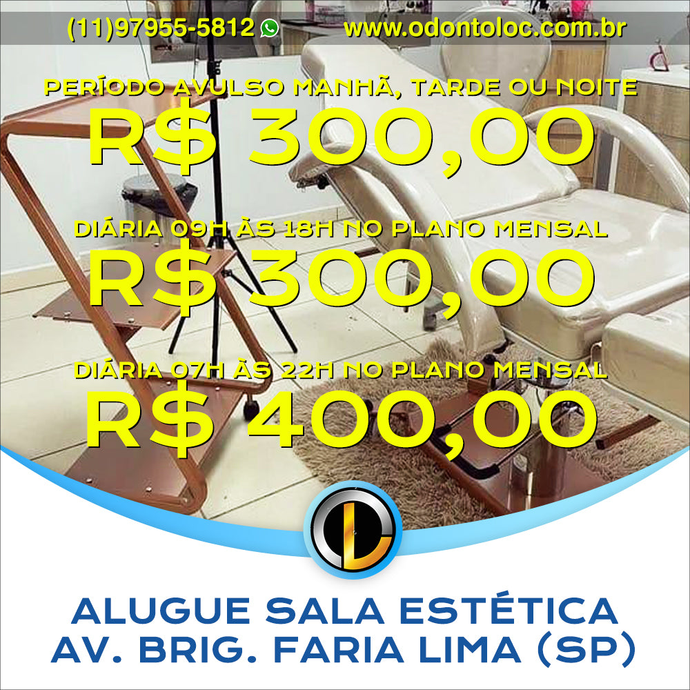 ALUGUE SALA DE ESTÉTICA NA AV. BRIG. FARIA LIMA [SP] - Diária R$ 400,00 / Semana R$ 1.200,00 / Mensal R$ 3.600,00 em até 12x no cartão (3x sem juros)