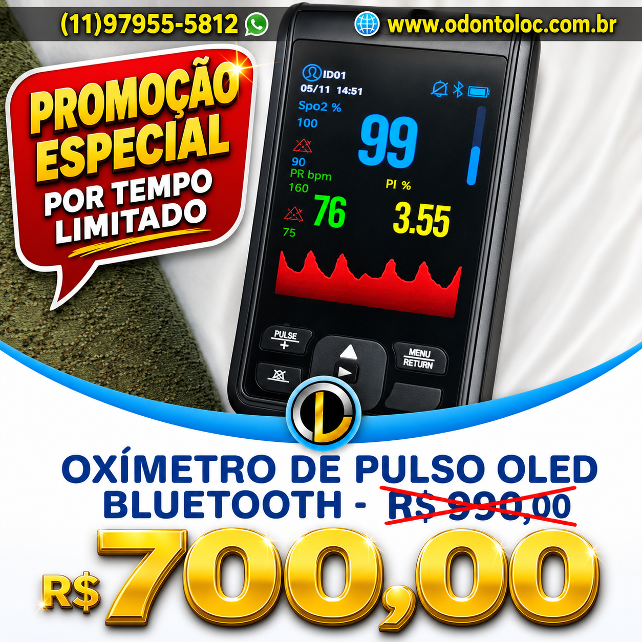 [NOVO] VENDA - Oxímetro de pulso com tela OLED, alarme e gravação automática - R$ 990,00 em até 12x no cartão (3x sem juros)